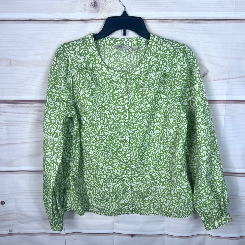 AnyBody Top Womens S Green Floral Blouse Button Up Long Sleeve Cotton Boho Woven